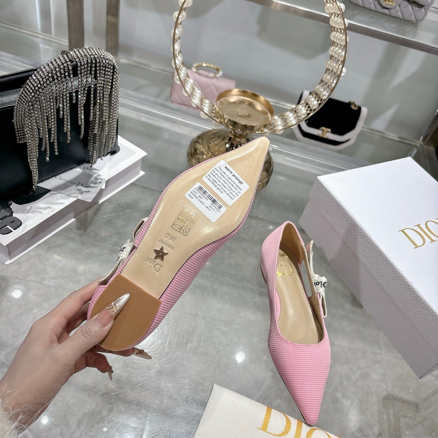 J'Adior Slingback Ballerina Flat – Powder Pink Woven Technical Fabric with Embroidered Ribbon Strap