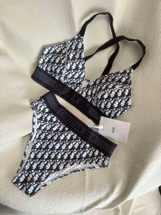 Oblique Technical Bikini Set – Slate Navy Bralette and High-Waisted High-Leg Swimsuit