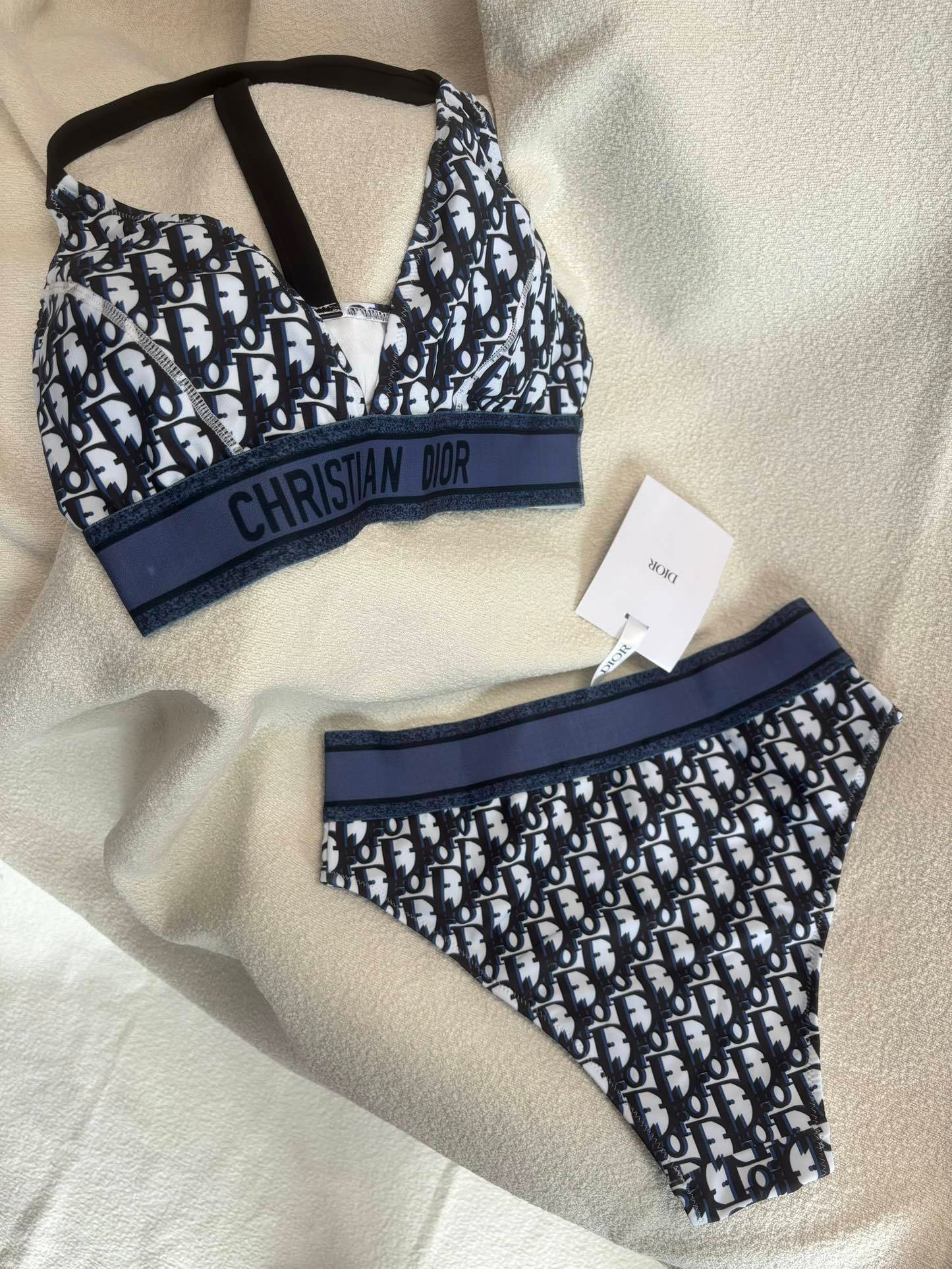 Oblique Technical Bikini Set – Slate Navy Bralette and High-Waisted High-Leg Swimsuit