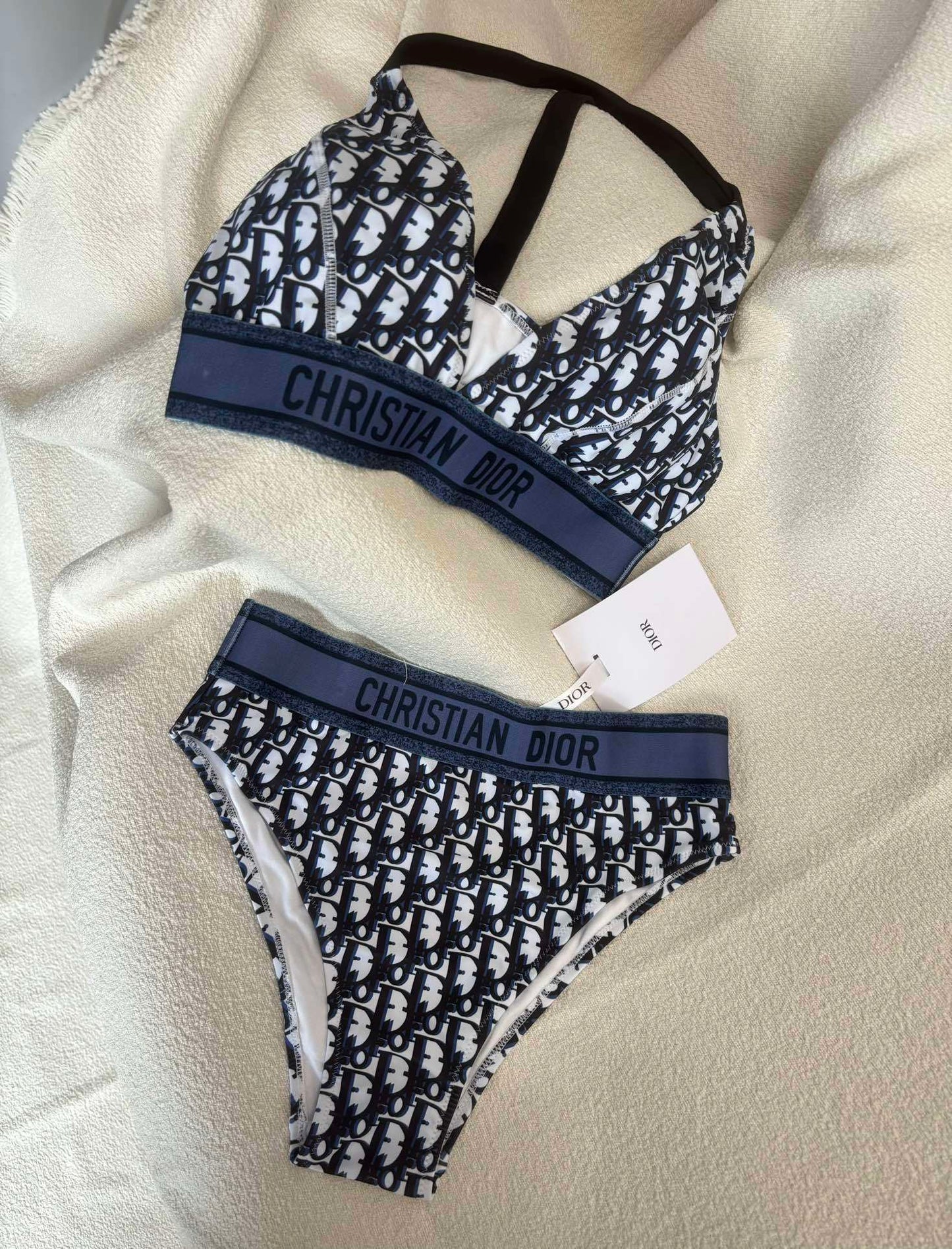 Oblique Technical Bikini Set – Slate Navy Bralette and High-Waisted High-Leg Swimsuit