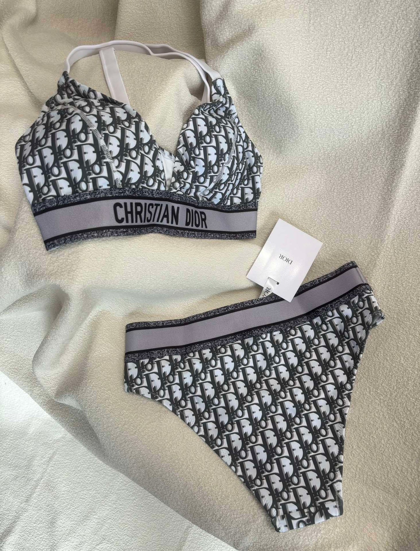 Oblique Technical Bikini Set – Slate Navy Bralette and High-Waisted High-Leg Swimsuit