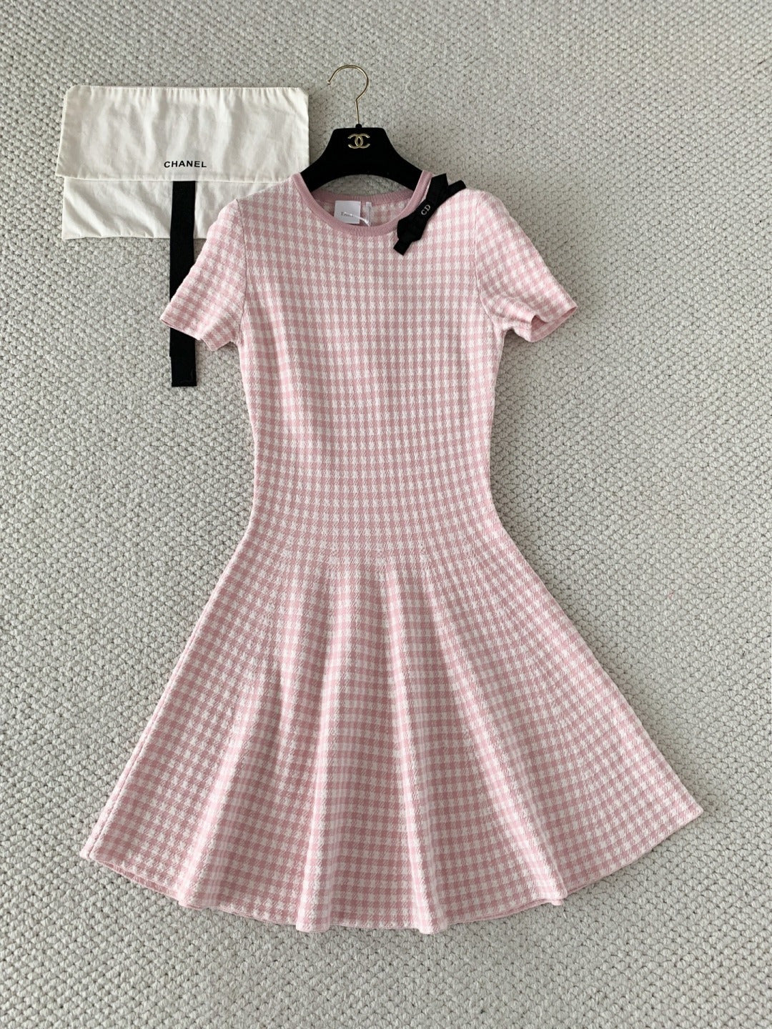 Vichy Cotton-Blend Knit Mini Flared Dress – Pastel Pink and White Gingham Dress
