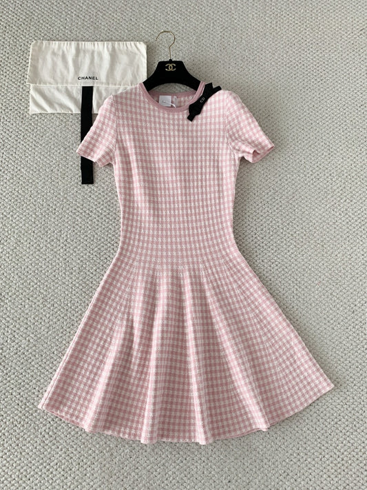 Vichy Cotton-Blend Knit Mini Flared Dress – Pastel Pink and White Gingham Dress