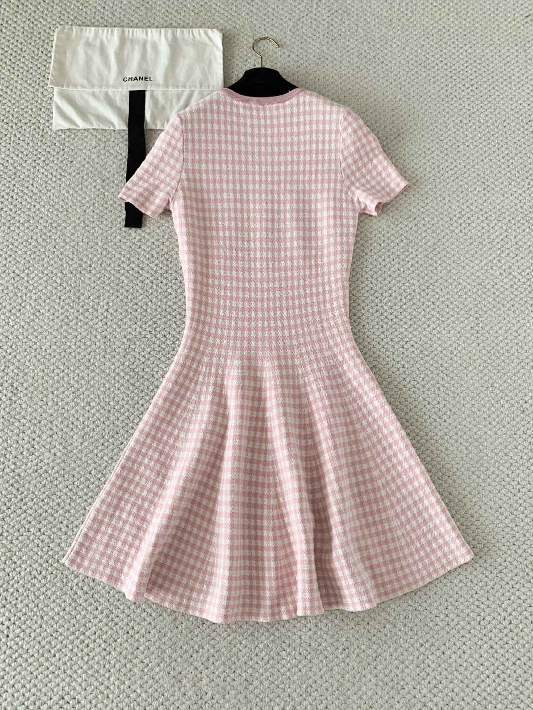 Vichy Cotton-Blend Knit Mini Flared Dress – Pastel Pink and White Gingham Dress