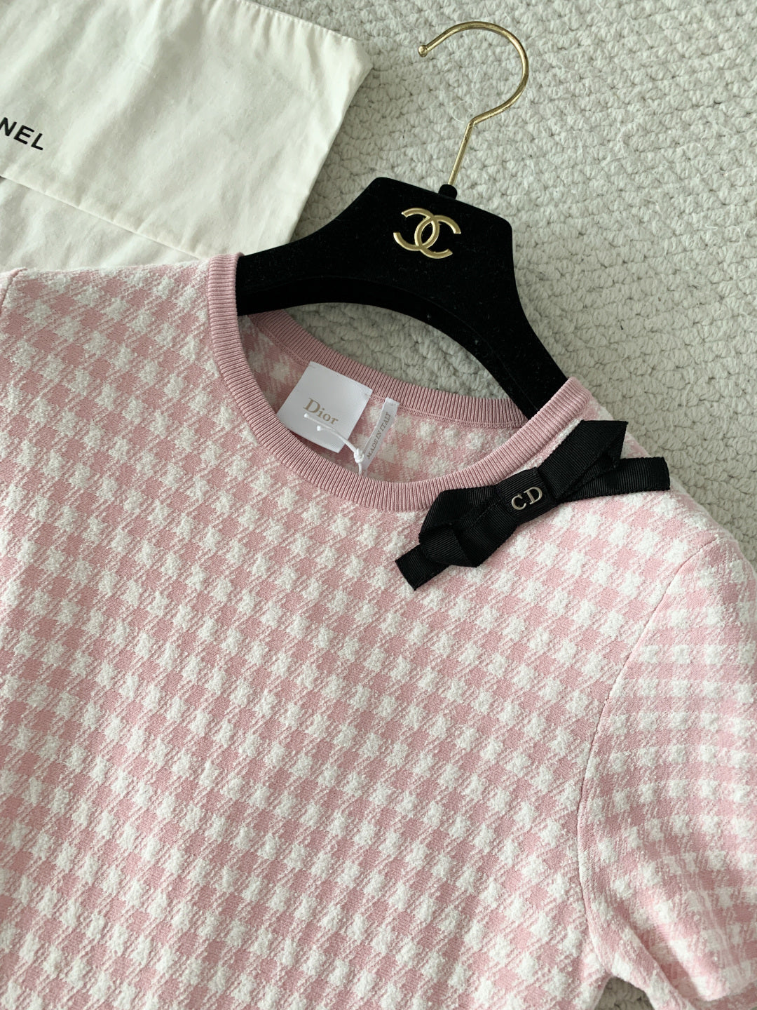 Vichy Cotton-Blend Knit Mini Flared Dress – Pastel Pink and White Gingham Dress