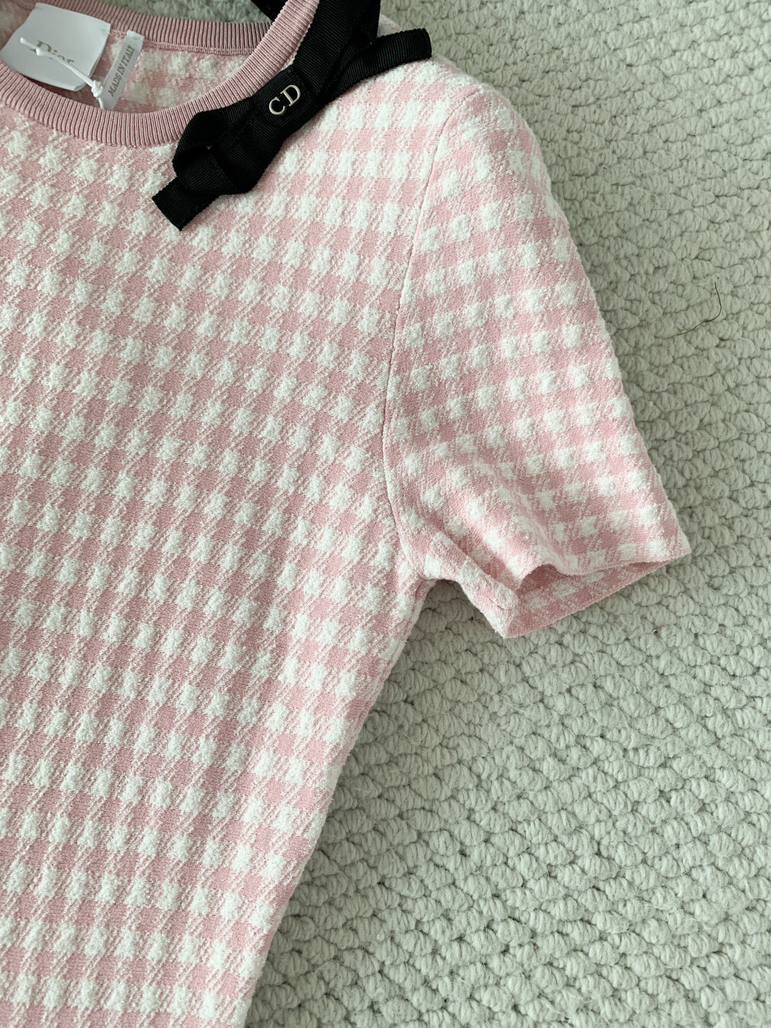 Vichy Cotton-Blend Knit Mini Flared Dress – Pastel Pink and White Gingham Dress