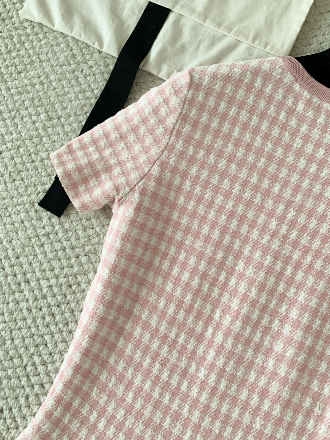 Vichy Cotton-Blend Knit Mini Flared Dress – Pastel Pink and White Gingham Dress
