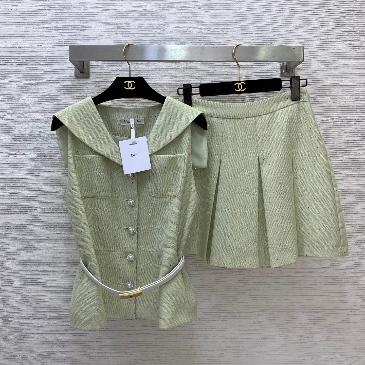 CD Sequined Tweed Set – Sailor Collar Sleeveless Gilet Vest and High-Waisted Pleated Skirt