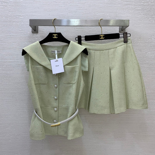CD Sequined Tweed Set – Sailor Collar Sleeveless Gilet Vest and High-Waisted Pleated Skirt