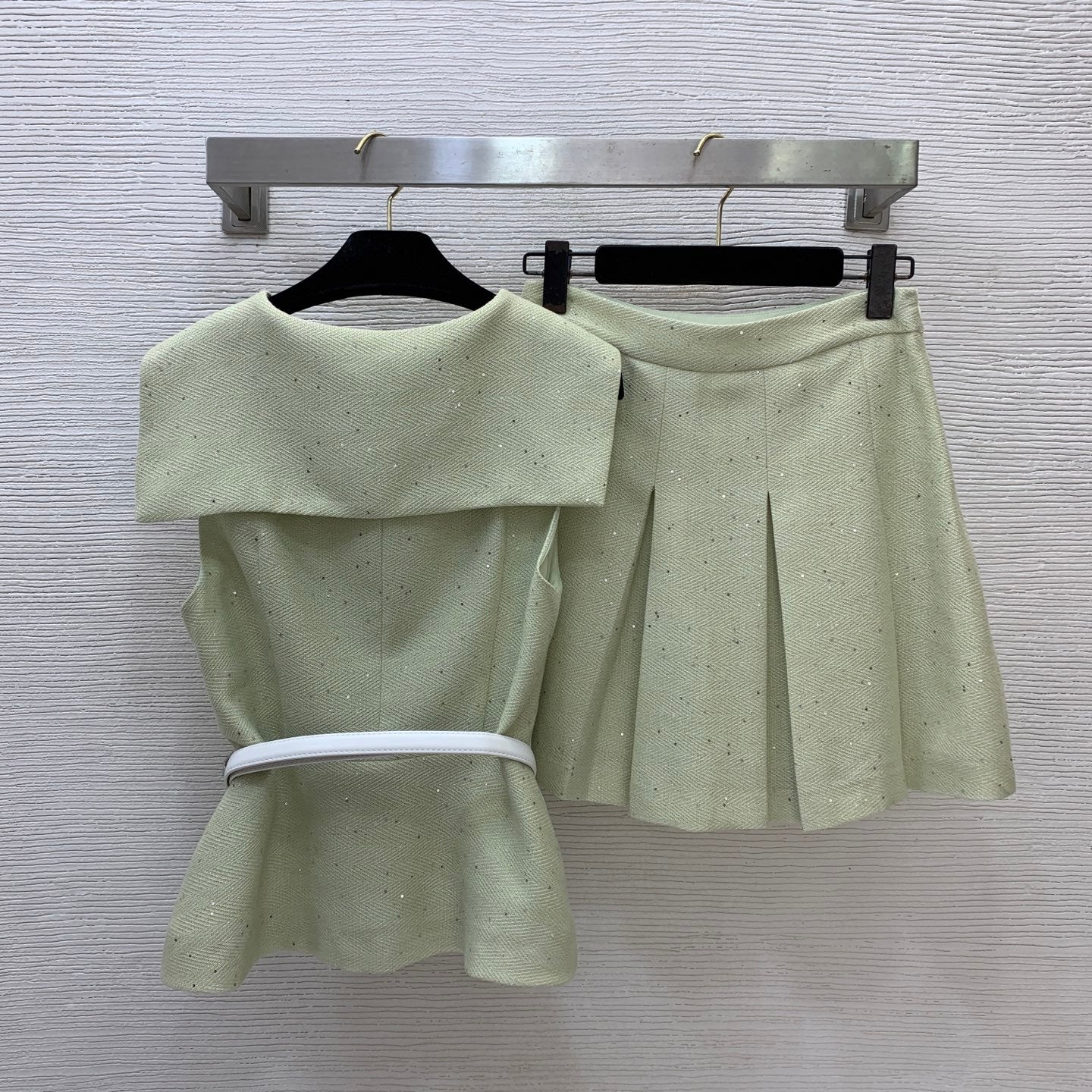 CD Sequined Tweed Set – Sailor Collar Sleeveless Gilet Vest and High-Waisted Pleated Skirt