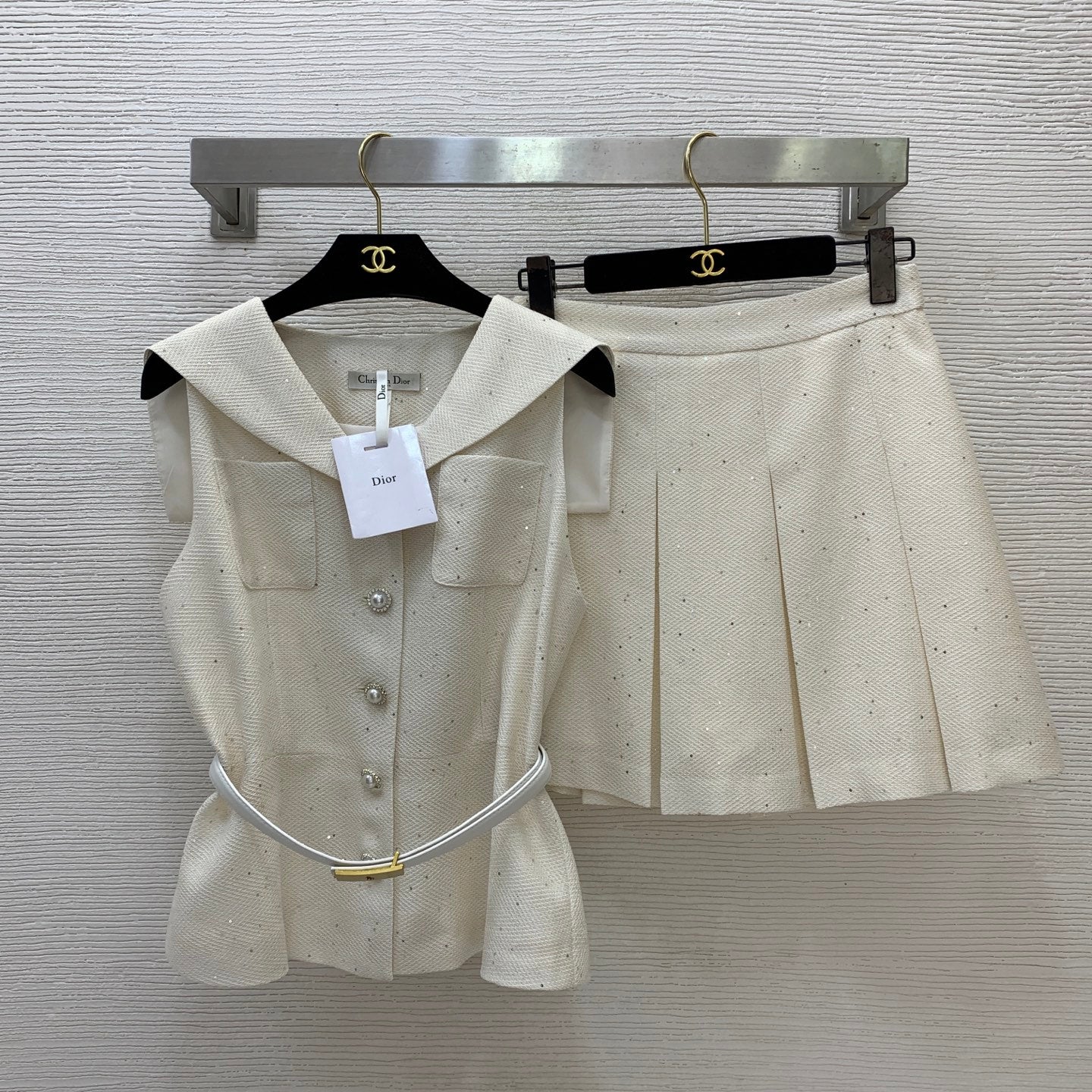 CD Sequined Tweed Set – Sailor Collar Sleeveless Gilet Vest and High-Waisted Pleated Skirt