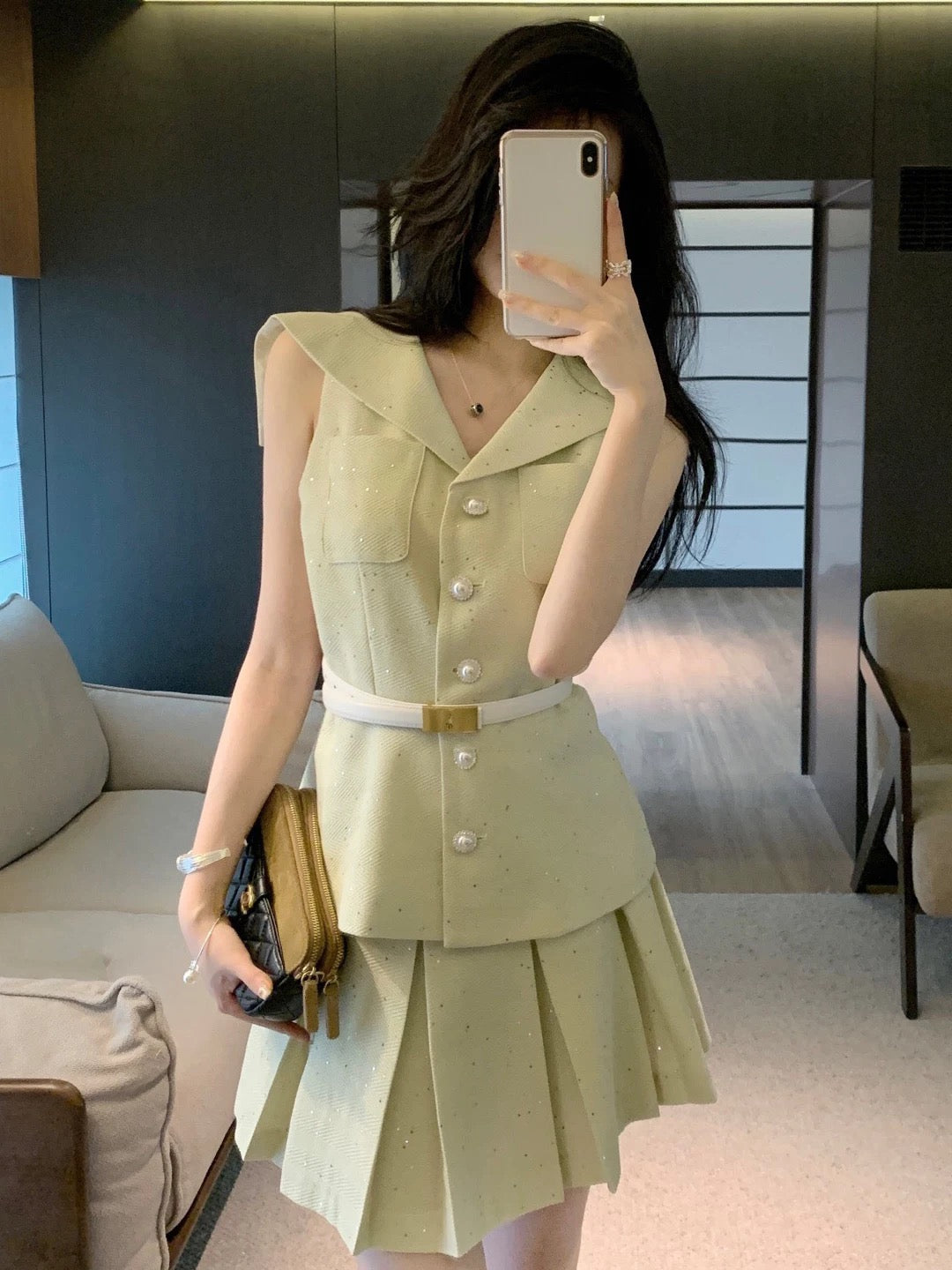 CD Sequined Tweed Set – Sailor Collar Sleeveless Gilet Vest and High-Waisted Pleated Skirt