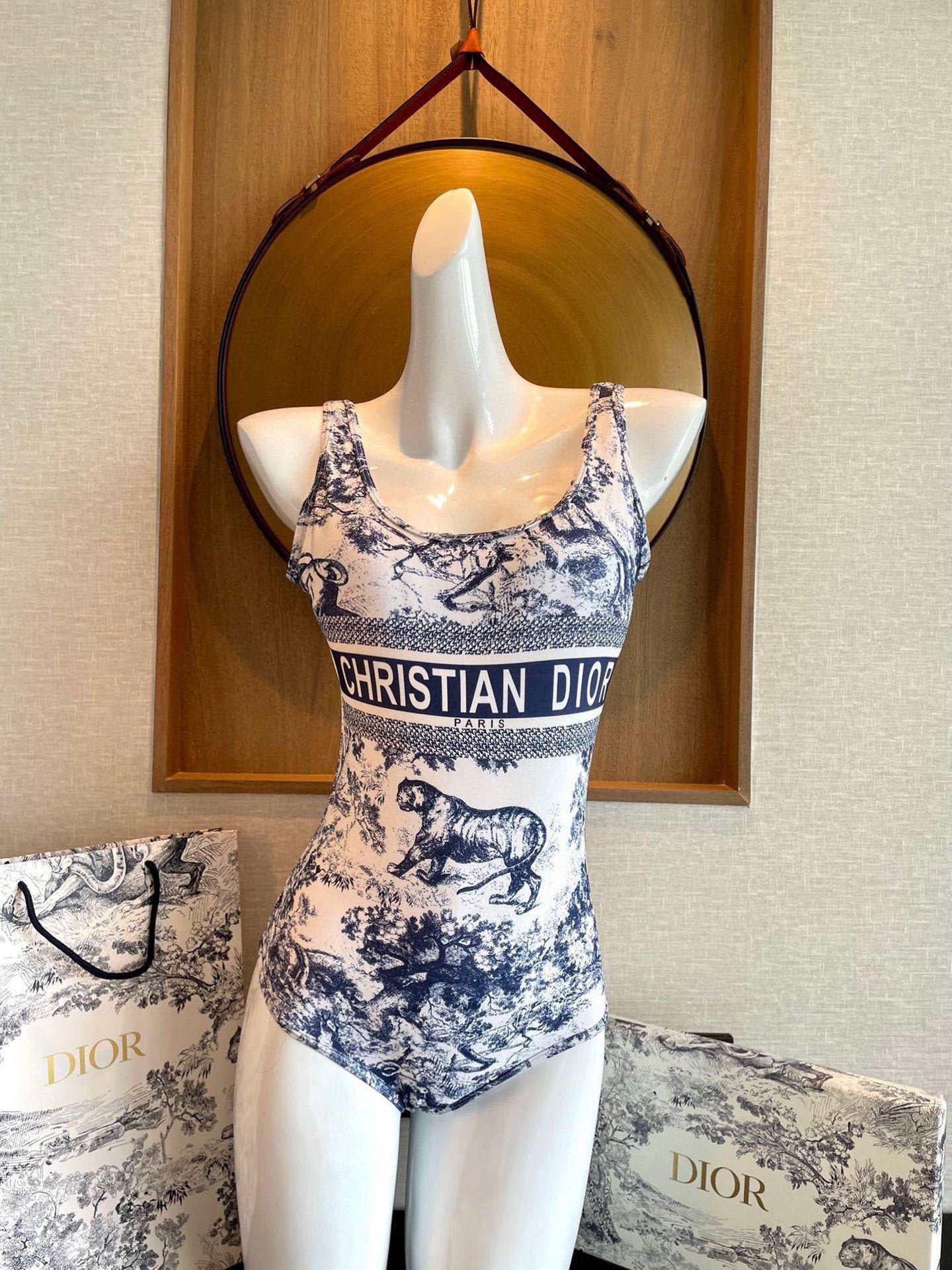 Jouy Sauvage One-Piece Swimsuit – Navy Blue & White Tiger Motif Technical Polyamide Bodice