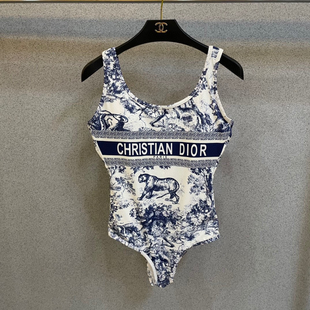 Jouy Sauvage One-Piece Swimsuit – Navy Blue & White Tiger Motif Technical Polyamide Bodice