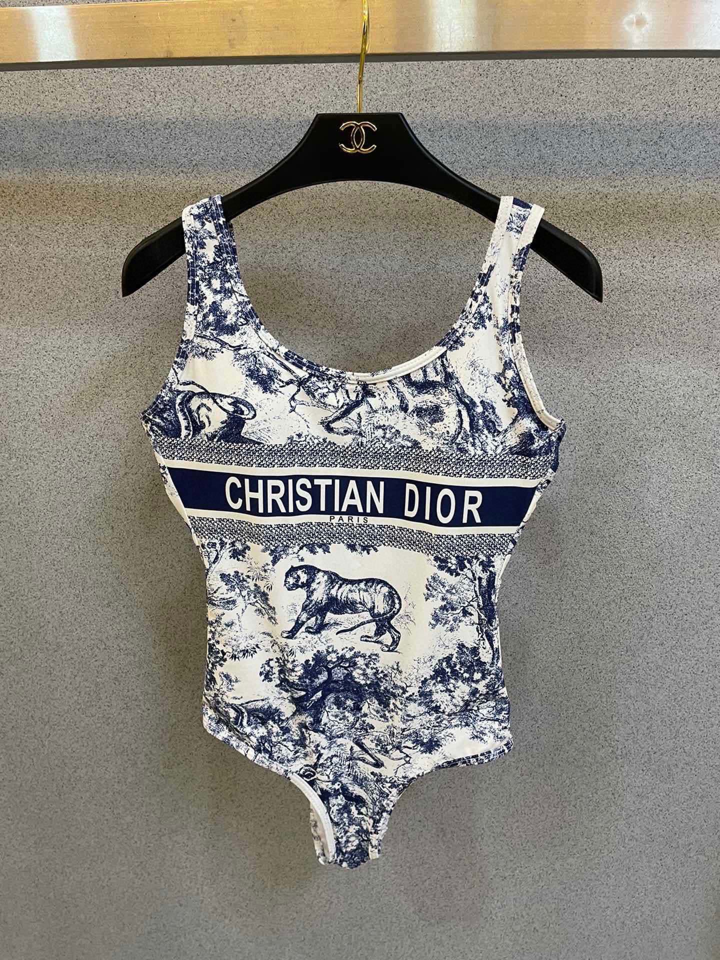 Jouy Sauvage One-Piece Swimsuit – Navy Blue & White Tiger Motif Technical Polyamide Bodice