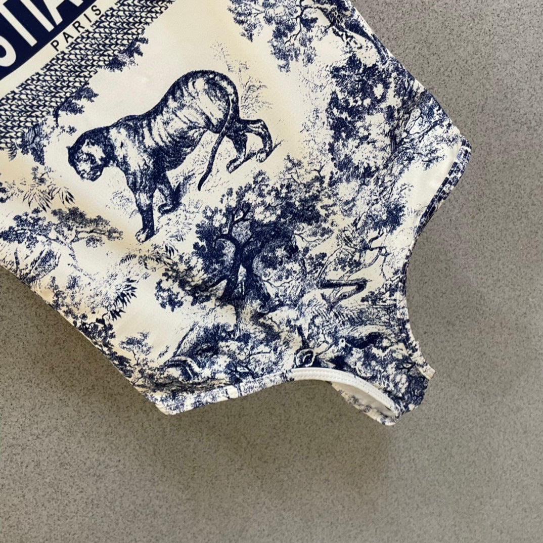 Jouy Sauvage One-Piece Swimsuit – Navy Blue & White Tiger Motif Technical Polyamide Bodice