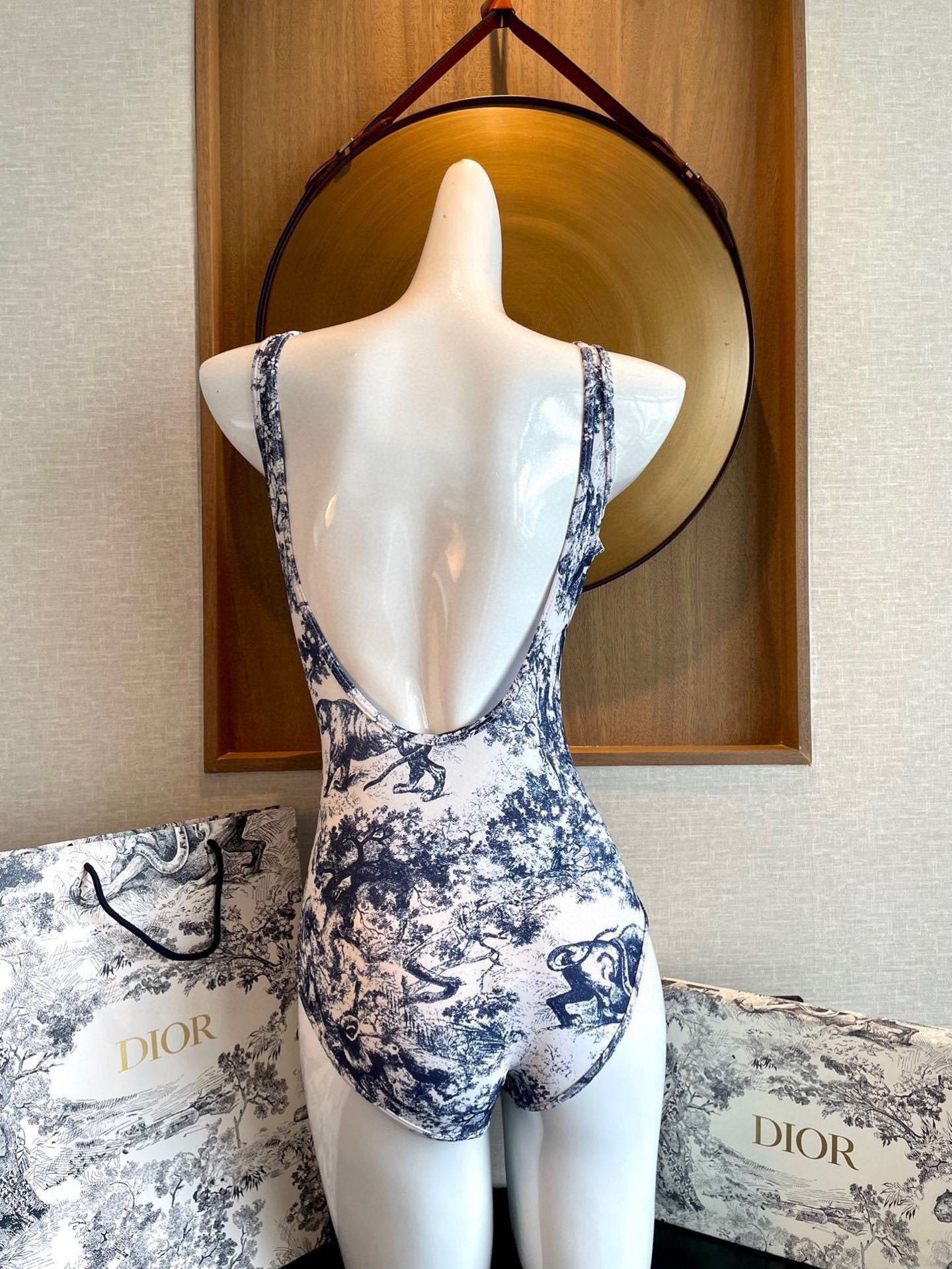 Jouy Sauvage One-Piece Swimsuit – Navy Blue & White Tiger Motif Technical Polyamide Bodice