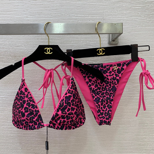 D&G Leopard Print Triangle Bikini Set – High-Stretch Adjustable String Two-Piece Swimsuit