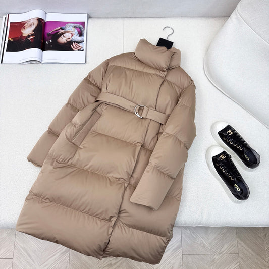 Camel Belted Puffer Coat for Women with High Collar