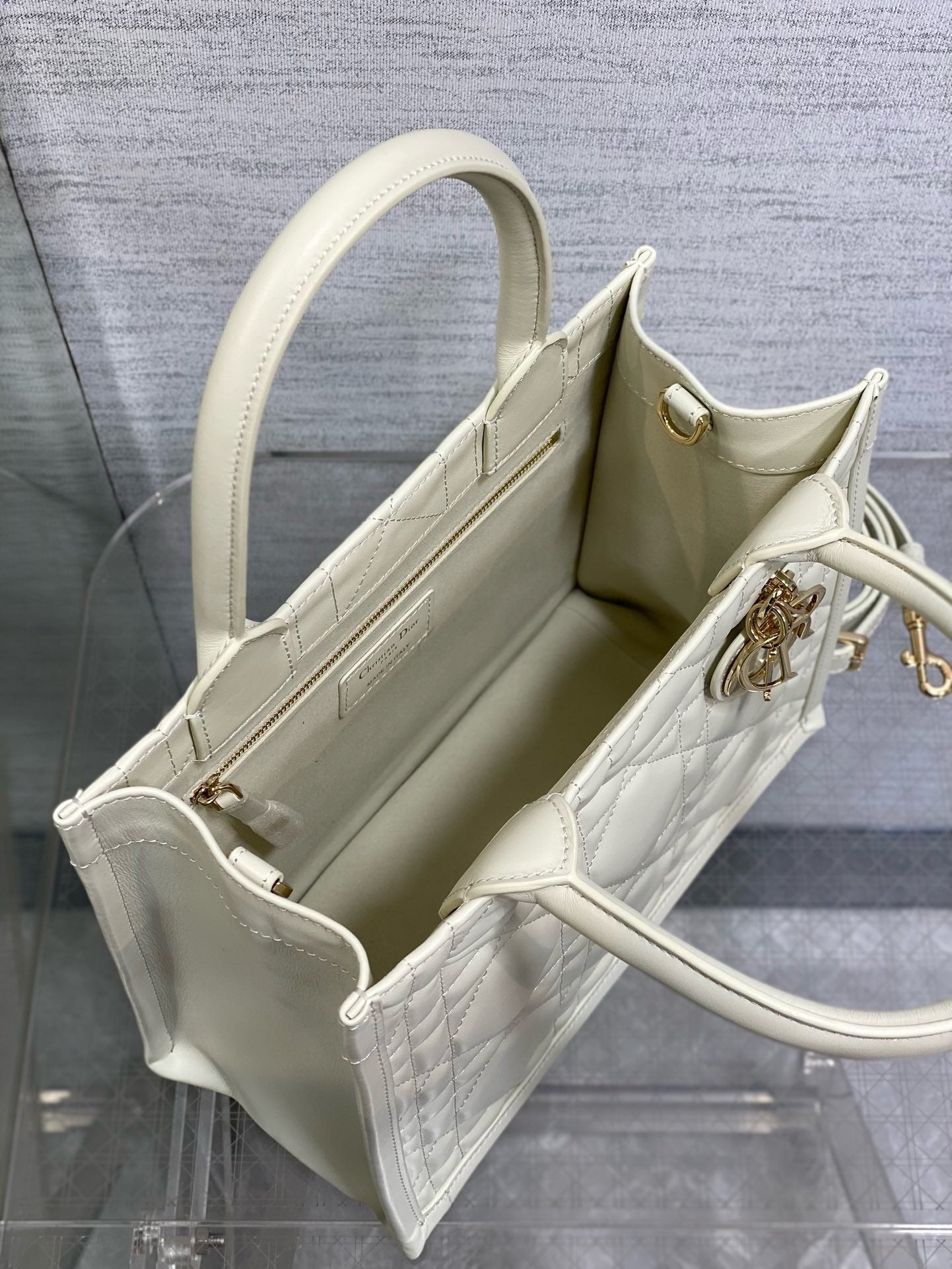 CD Micro Bag – Pristine Latte Off-White Quilted Leather Elongated East-West Clutch
