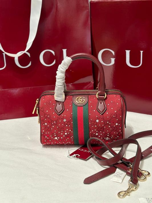 Ophidia Small Boston Bag in Rosso Ancora GG Canvas with Crystals