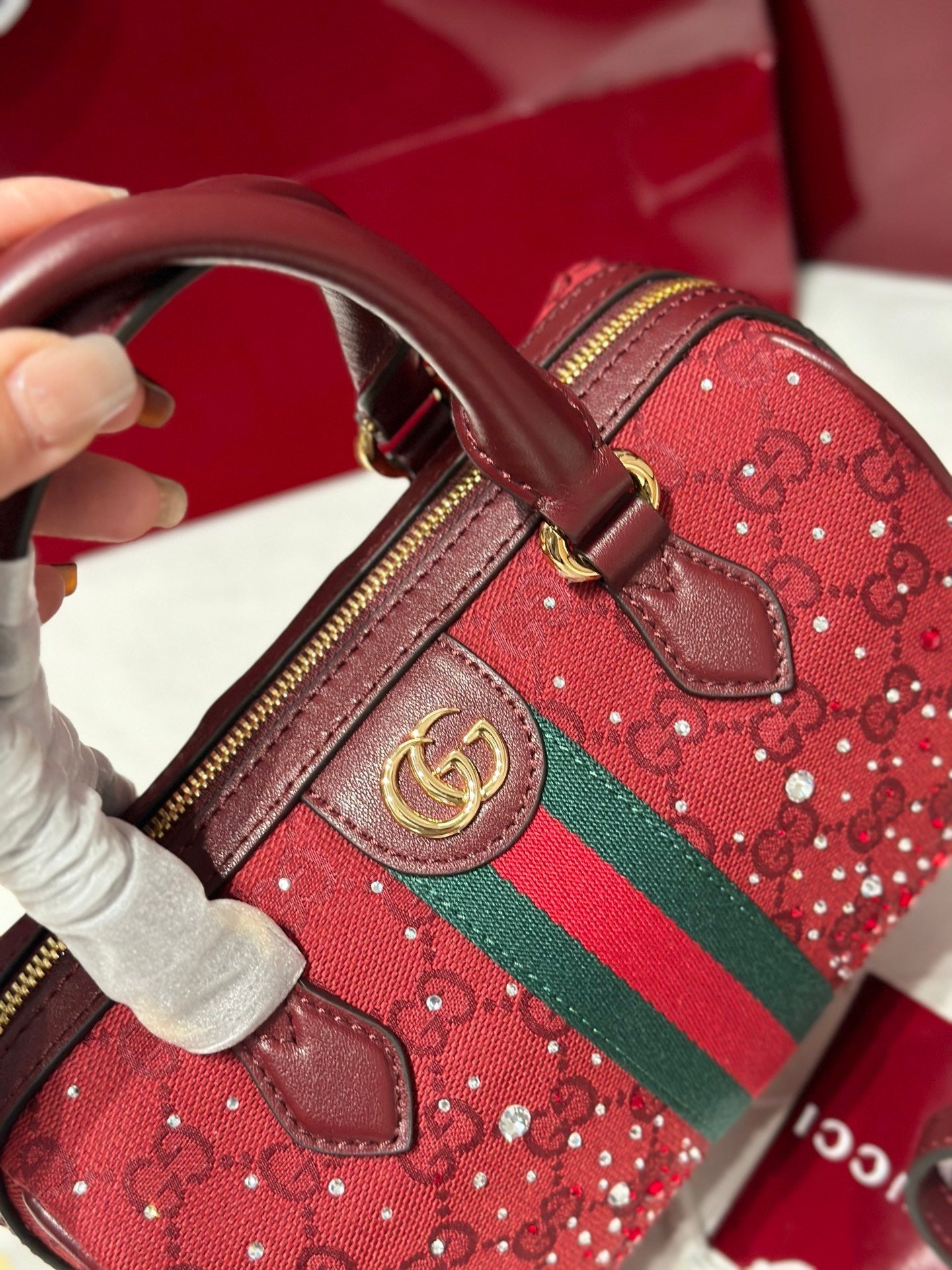 Ophidia Small Boston Bag in Rosso Ancora GG Canvas with Crystals