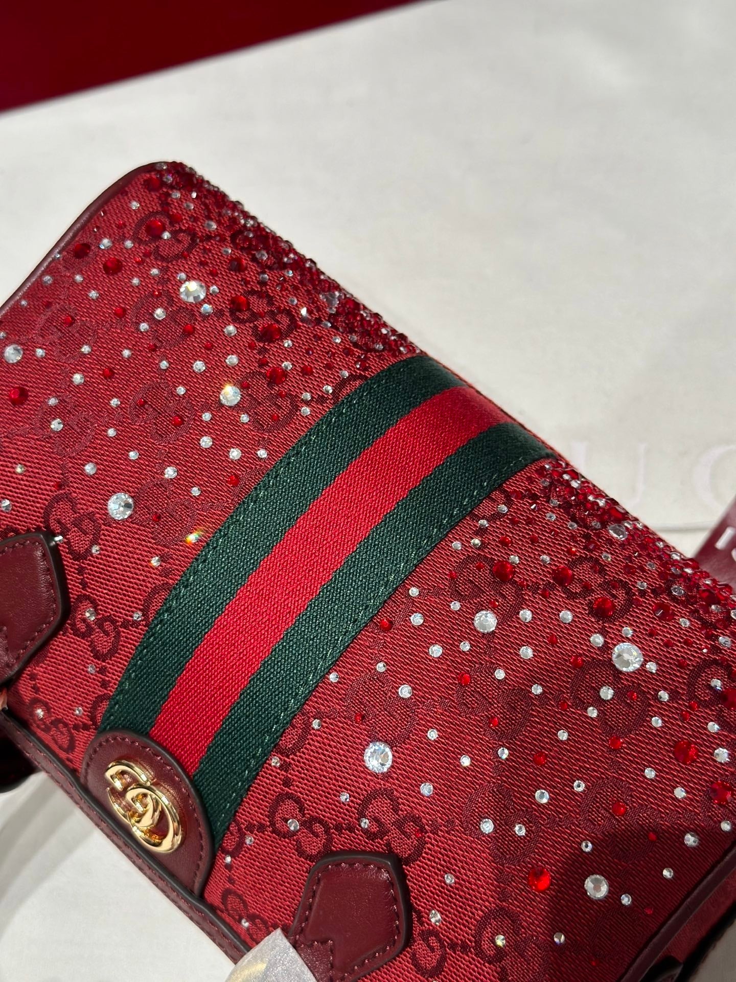 Ophidia Small Boston Bag in Rosso Ancora GG Canvas with Crystals