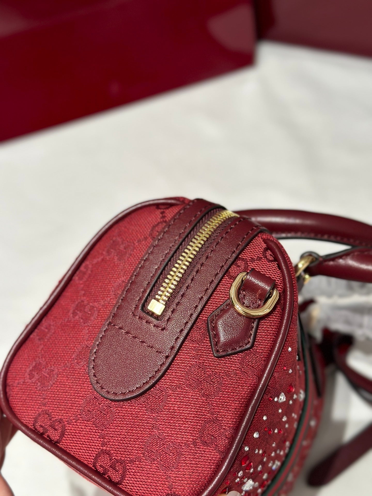 Ophidia Small Boston Bag in Rosso Ancora GG Canvas with Crystals