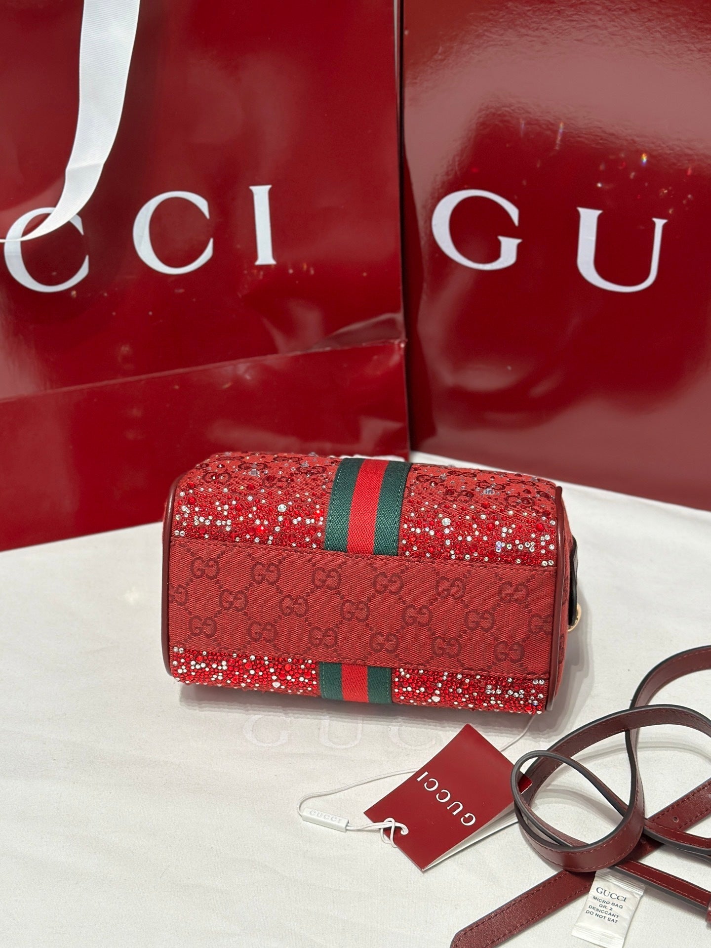 Ophidia Small Boston Bag in Rosso Ancora GG Canvas with Crystals
