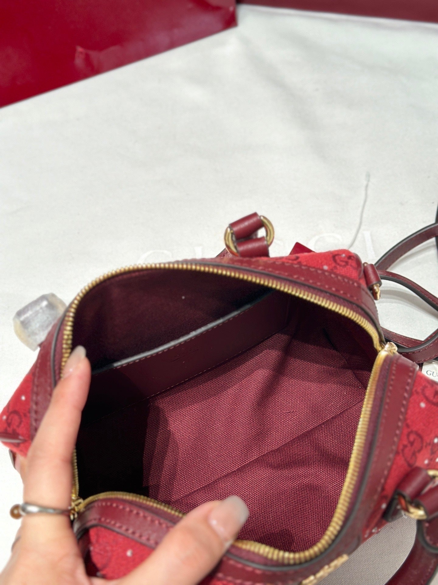 Ophidia Small Boston Bag in Rosso Ancora GG Canvas with Crystals