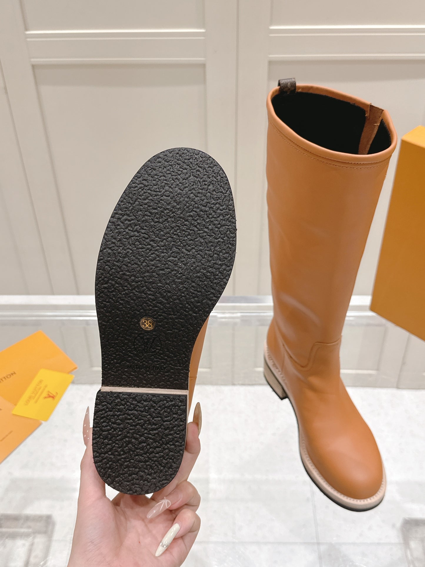LV Ranger High Boot – Rich Tan Calfskin Tall Riding Boots with Contrast Stitched Welt
