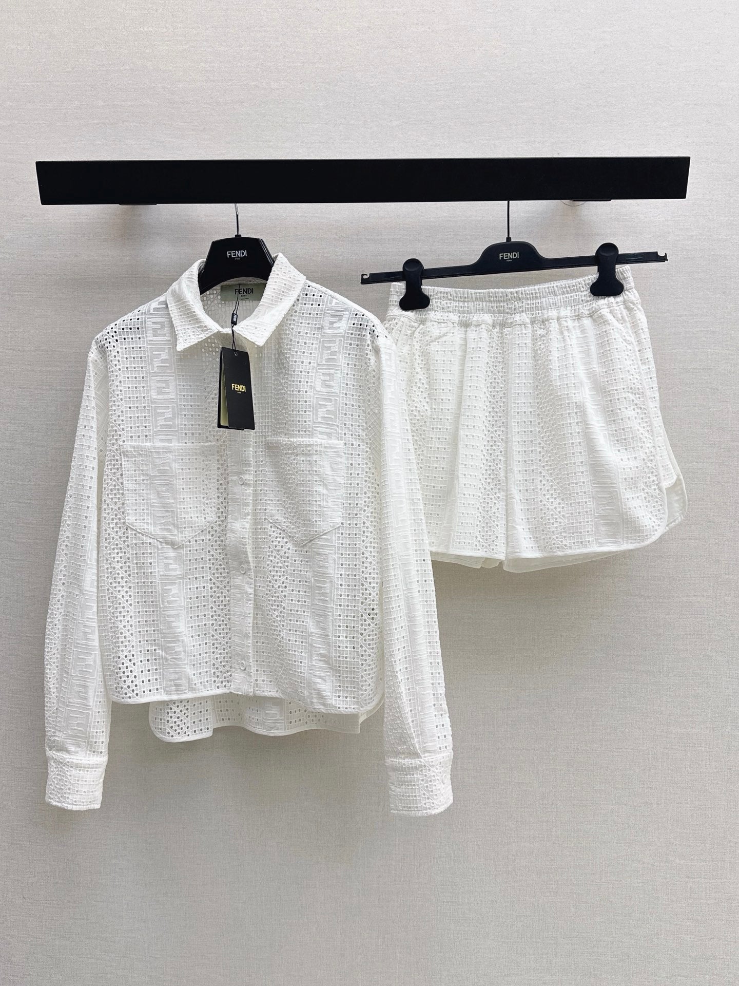 FF Broderie Anglaise Set – Long-Sleeve Button-Down Shirt and Smocked Waistband Shorts