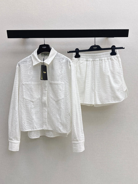 FF Broderie Anglaise Set – Long-Sleeve Button-Down Shirt and Smocked Waistband Shorts