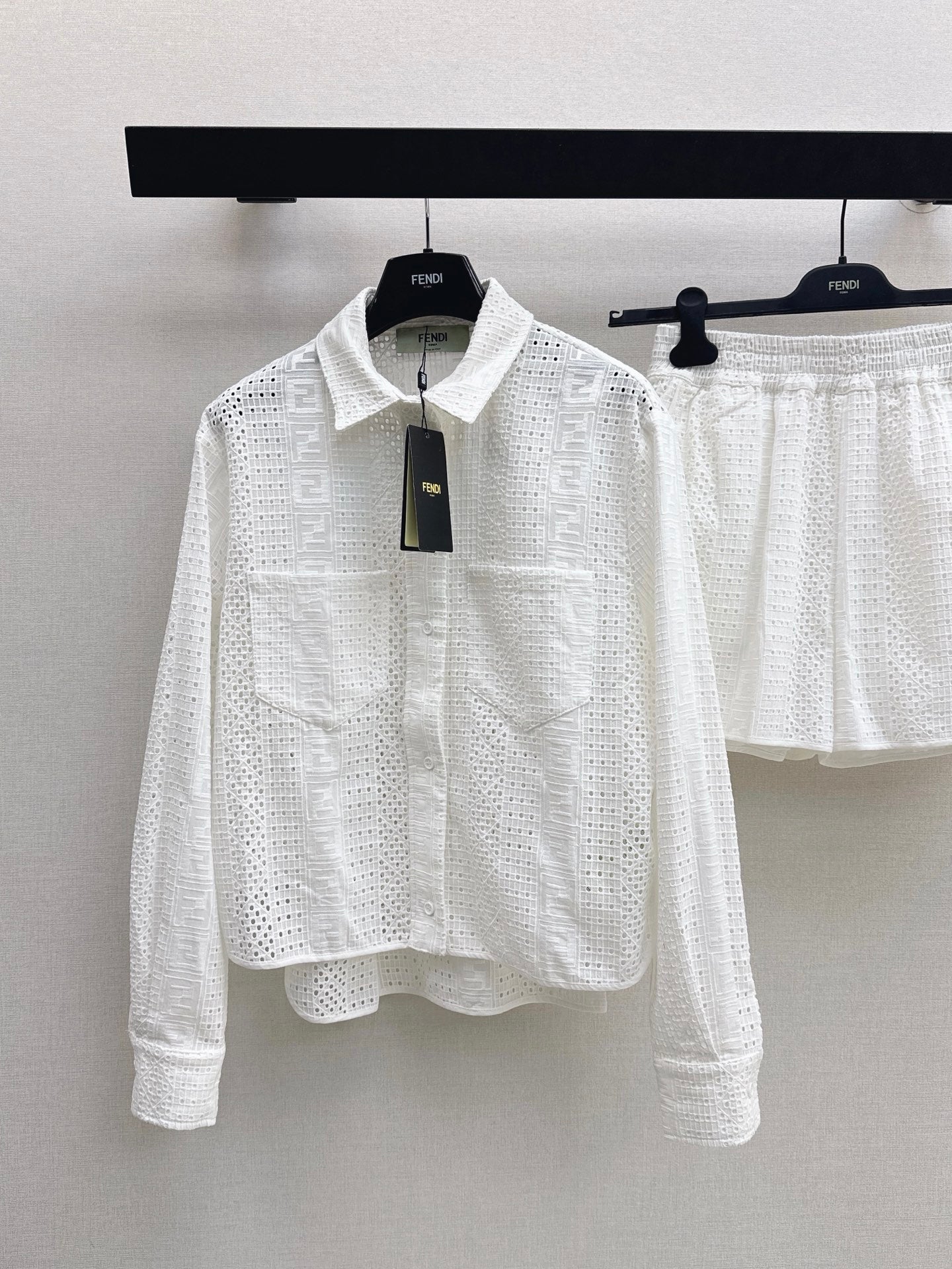 FF Broderie Anglaise Set – Long-Sleeve Button-Down Shirt and Smocked Waistband Shorts