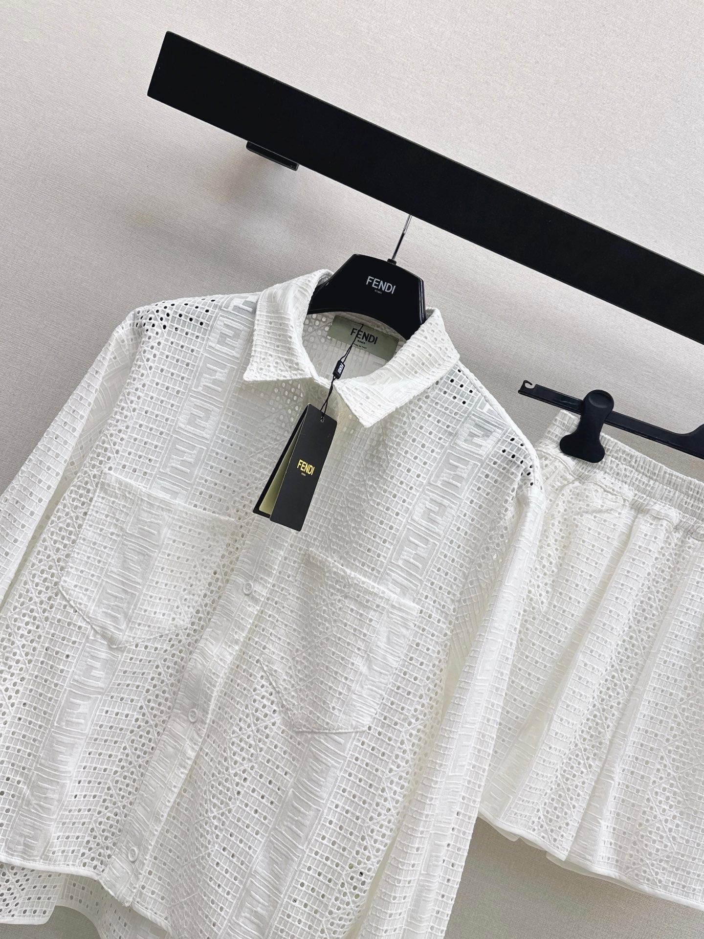 FF Broderie Anglaise Set – Long-Sleeve Button-Down Shirt and Smocked Waistband Shorts