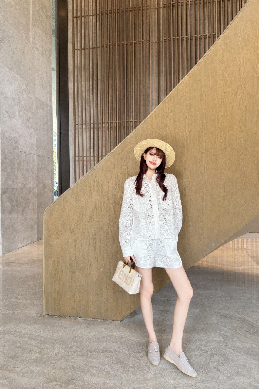 FF Broderie Anglaise Set – Long-Sleeve Button-Down Shirt and Smocked Waistband Shorts