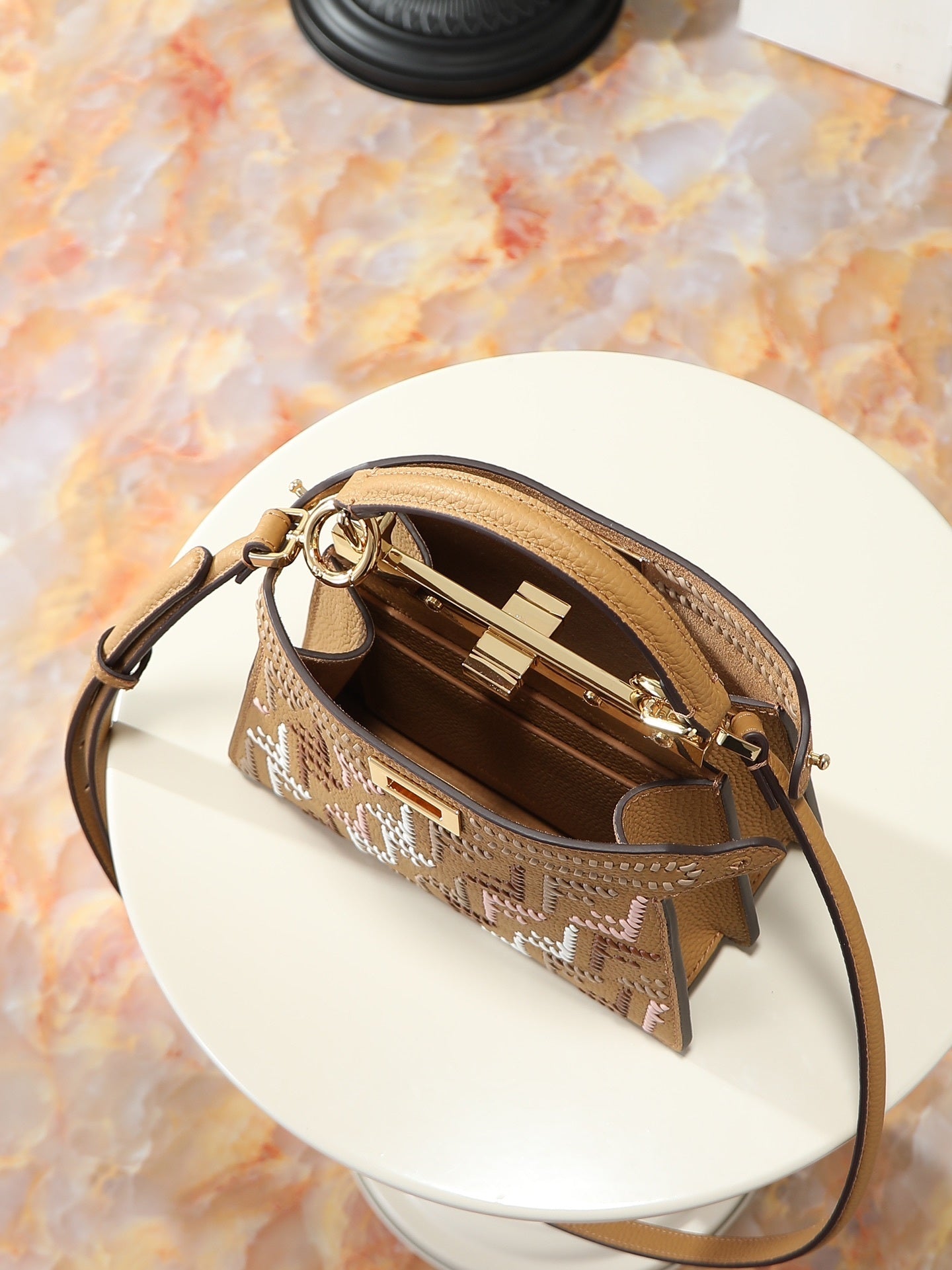 Peekaboo ISeeU Small Interlace – Camellia Calfskin Bag with Woven FF Motif