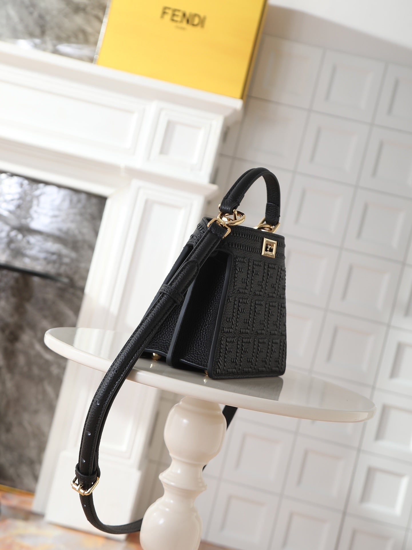 Peekaboo ISeeU Small – Black Calfskin with Hand-Woven Interlace FF Detail
