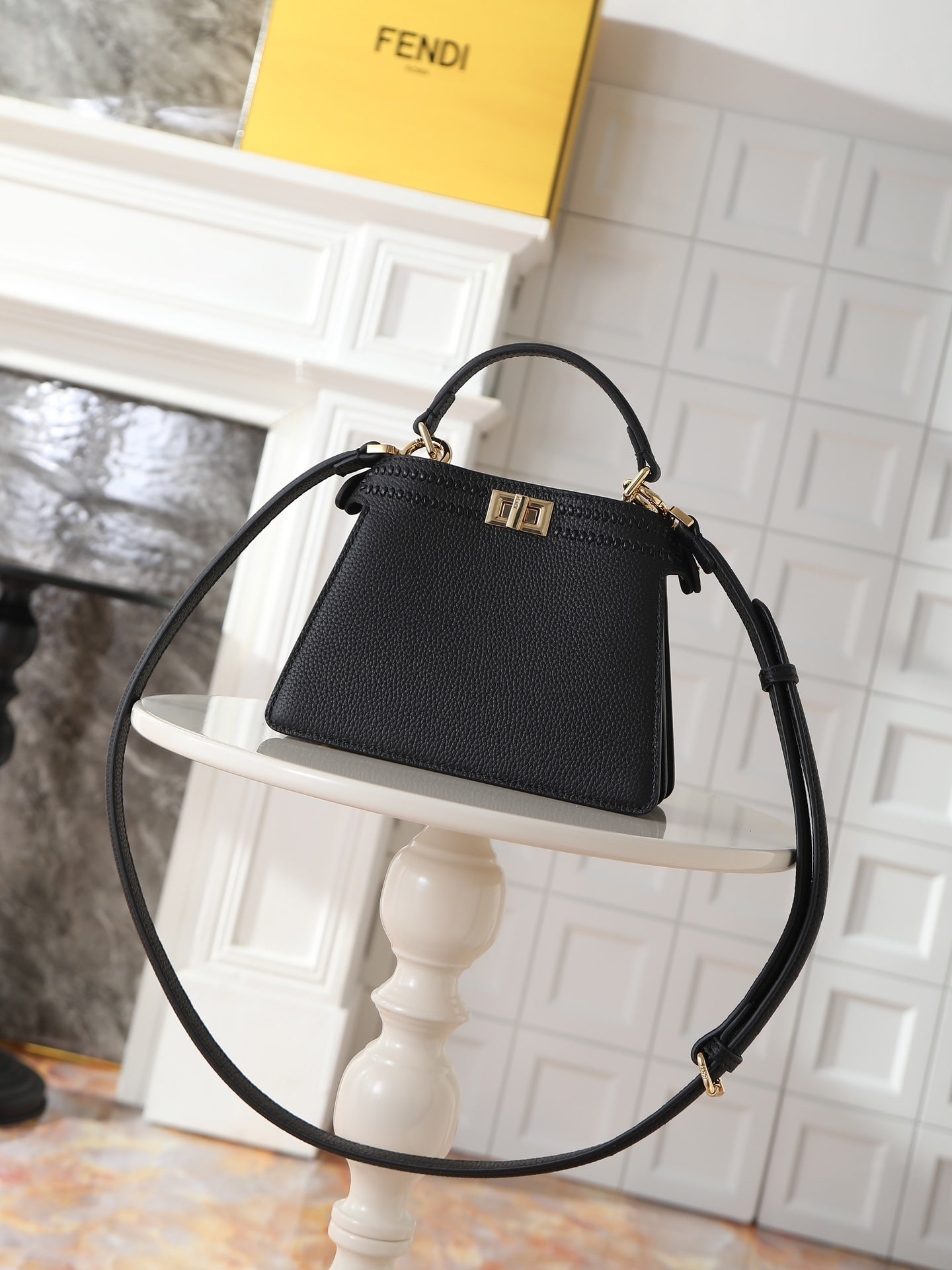 Peekaboo ISeeU Small – Black Calfskin with Hand-Woven Interlace FF Detail