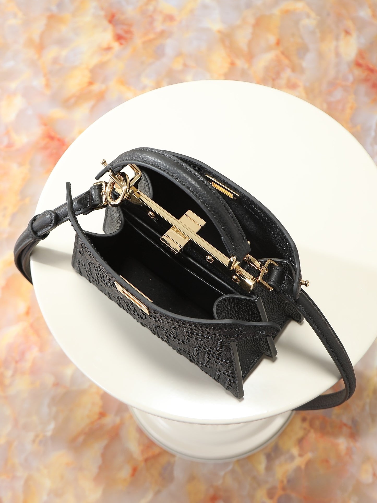 Peekaboo ISeeU Small – Black Calfskin with Hand-Woven Interlace FF Detail