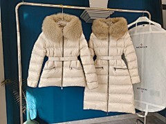 Women's Khaki Brown Long Puffer Coat with Faux Fur Hood