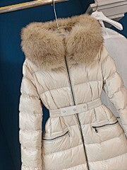 Women's Khaki Brown Long Puffer Coat with Faux Fur Hood