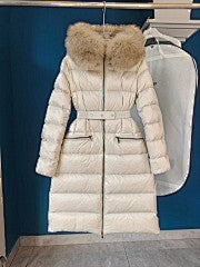 Women's Khaki Brown Long Puffer Coat with Faux Fur Hood