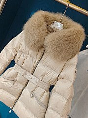 Women's Khaki Brown Long Puffer Coat with Faux Fur Hood