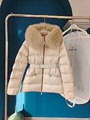 Women's Khaki Brown Long Puffer Coat with Faux Fur Hood