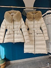 Women's Khaki Brown Long Puffer Coat with Faux Fur Hood