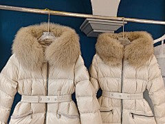Women's Khaki Brown Long Puffer Coat with Faux Fur Hood