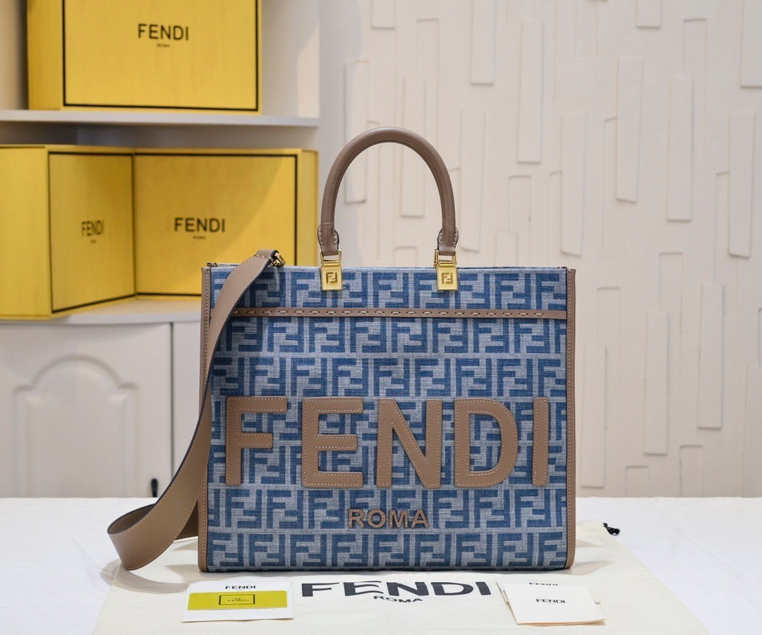 Sunshine Medium Tote Bag in Blue FF Jacquard Denim Effect