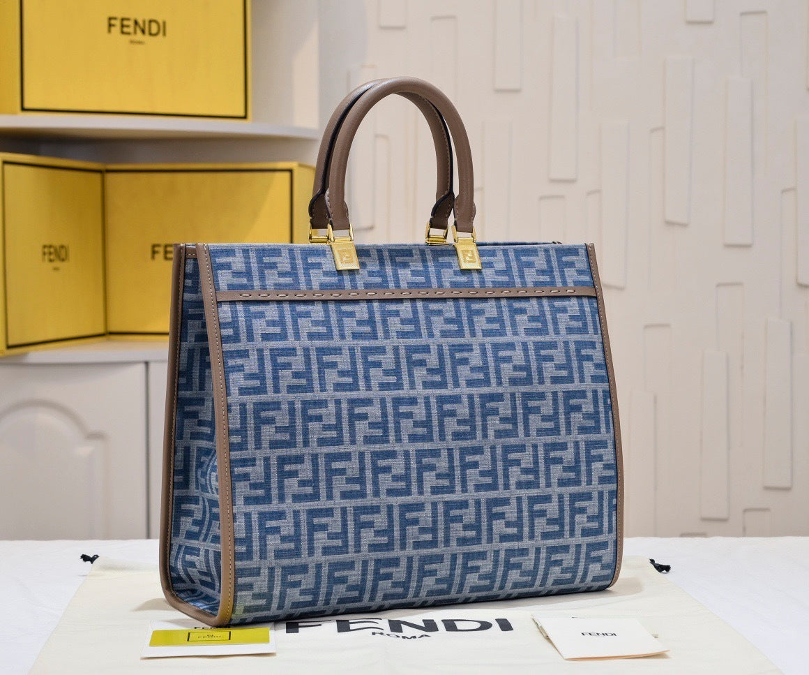 Sunshine Medium Tote Bag in Blue FF Jacquard Denim Effect