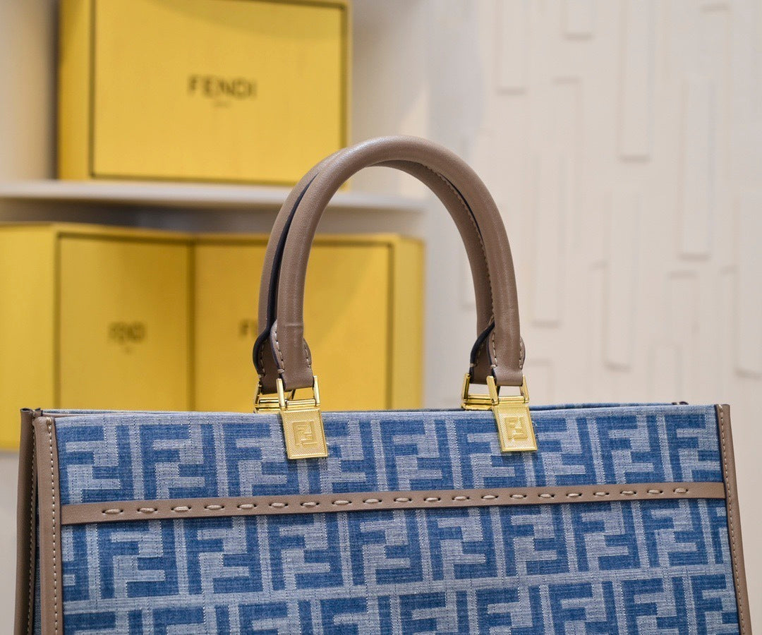 Sunshine Medium Tote Bag in Blue FF Jacquard Denim Effect